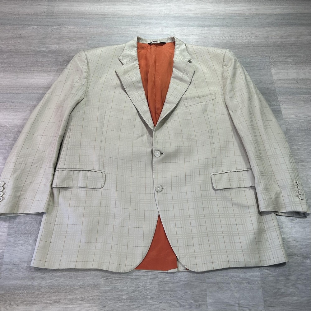 Coppley‎ Black Label Blazer Mens 46 Beige Silk Wool Plaid Sport Coat Jacket